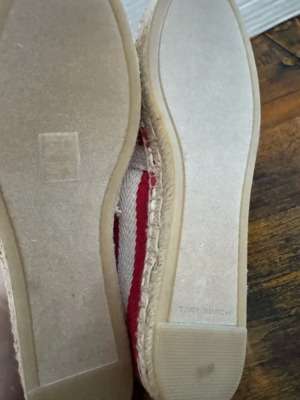 Tory Burch Fray Stripe Espadrille Flats Red White Canvas Logo Slip On Shoes 8.5